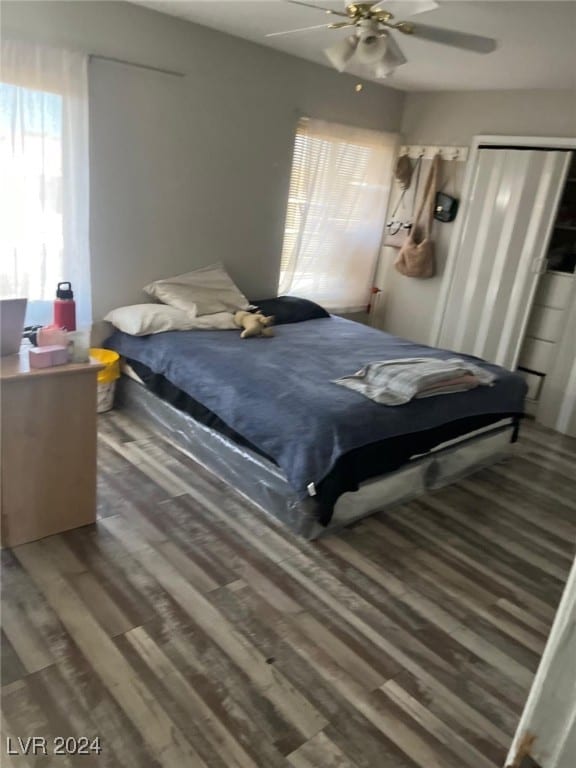 bedroom featuring wood-type flooring and ceiling fan