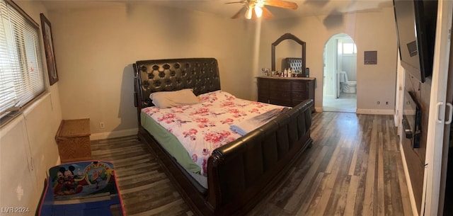 bedroom featuring multiple windows, dark hardwood / wood-style flooring, and ceiling fan