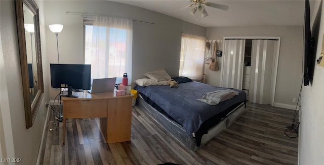 bedroom featuring a closet, ceiling fan, and dark hardwood / wood-style flooring