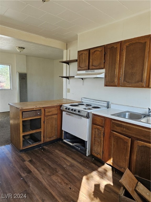 kitchen with sink, kitchen peninsula, white range oven, and dark hardwood / wood-style flooring