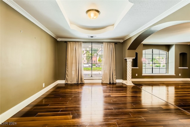 spare room featuring ornamental molding, plenty of natural light, and dark hardwood / wood-style floors