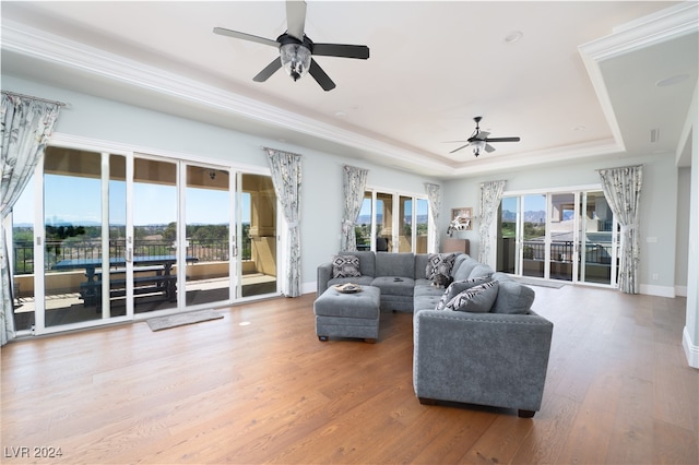 living room with a tray ceiling, ceiling fan, and hardwood / wood-style floors