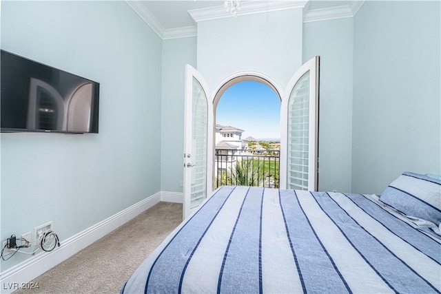 unfurnished bedroom with carpet floors and crown molding