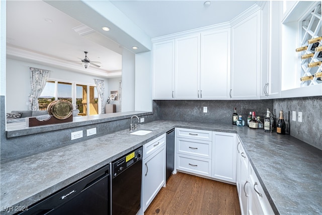 kitchen with white cabinets, dishwasher, dark hardwood / wood-style floors, and ceiling fan