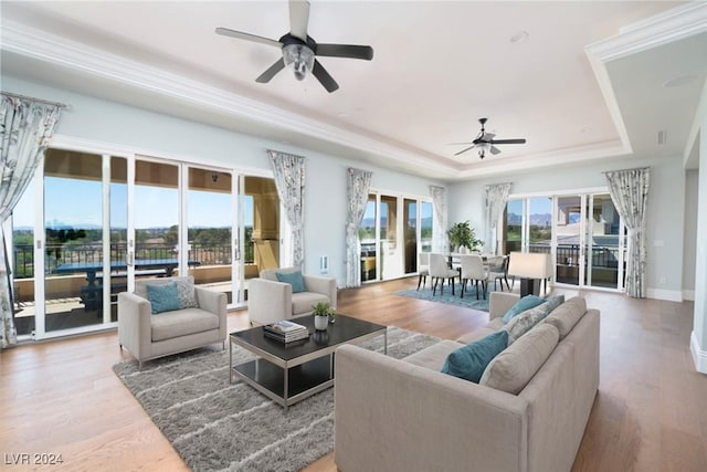 living room featuring hardwood / wood-style floors, ceiling fan, and a raised ceiling