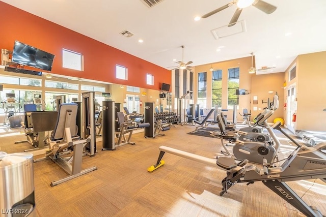 exercise room featuring carpet flooring and ceiling fan