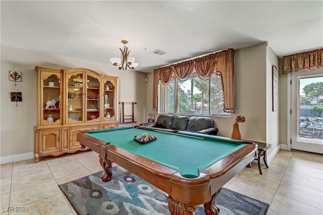 game room with a wealth of natural light, light tile patterned floors, and billiards