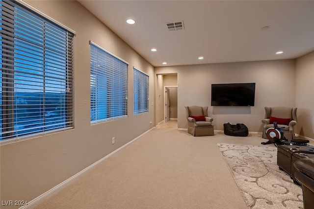 living room featuring light carpet