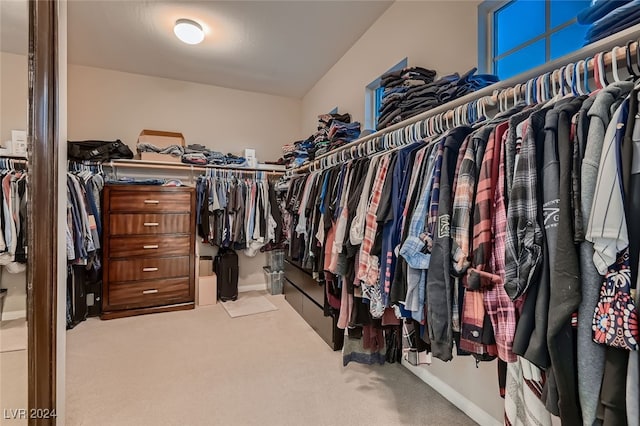 spacious closet featuring light colored carpet