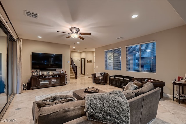 living room with ceiling fan