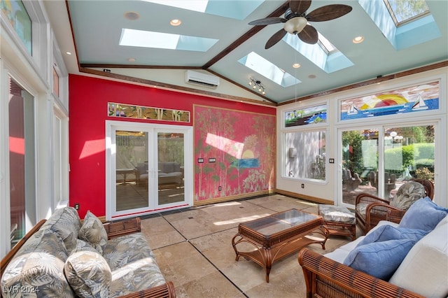 sunroom / solarium featuring lofted ceiling with skylight, a wall mounted AC, ceiling fan, and french doors