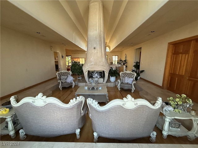 living room featuring a fireplace