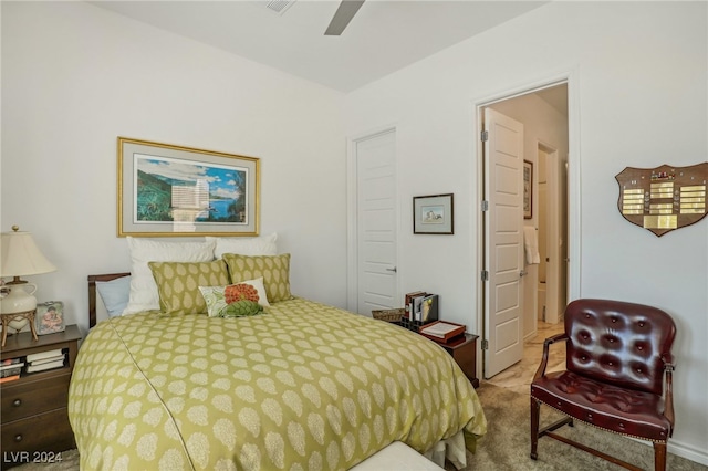 bedroom with ceiling fan and carpet flooring