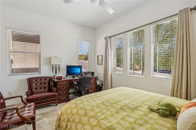 carpeted bedroom with ceiling fan and multiple windows