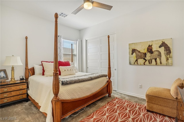 carpeted bedroom featuring a closet and ceiling fan