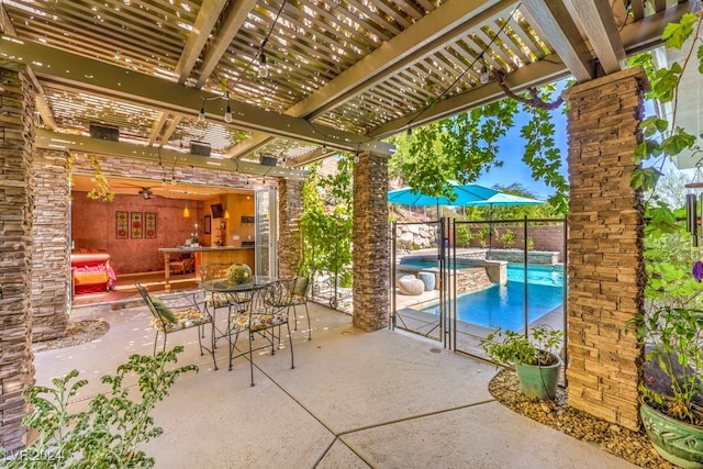 view of patio with a fenced in pool and a pergola