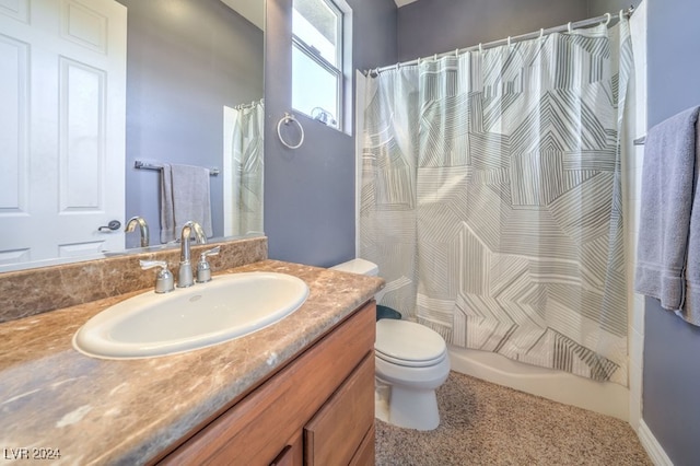 full bathroom with vanity, shower / bathtub combination with curtain, and toilet