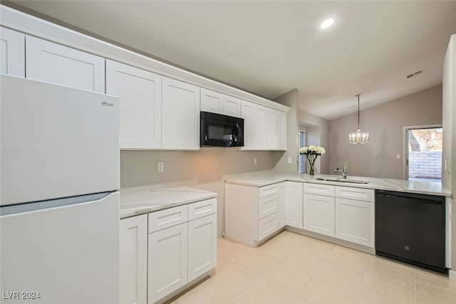 kitchen featuring sink, white cabinetry, vaulted ceiling, and black appliances