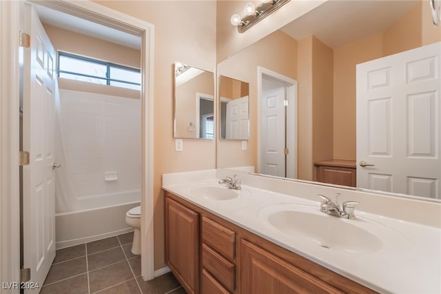 full bathroom featuring toilet, vanity,  shower combination, and tile patterned floors