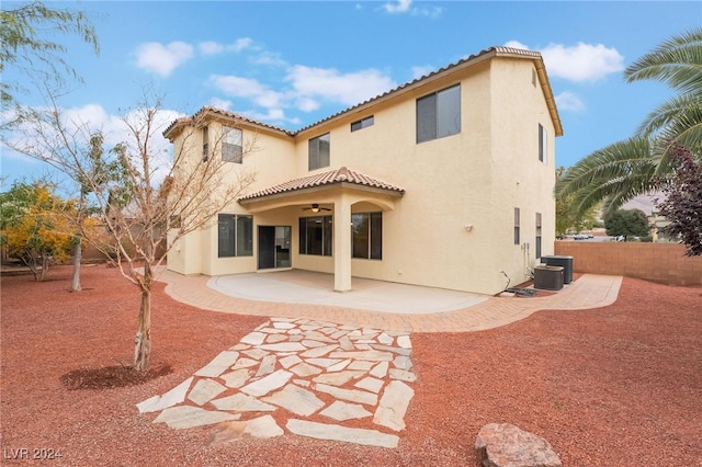 back of house featuring a patio, central AC, and ceiling fan