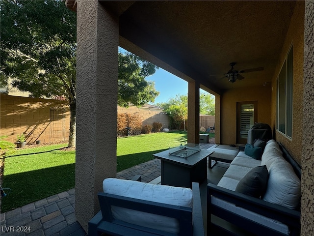 view of patio / terrace featuring ceiling fan and an outdoor hangout area