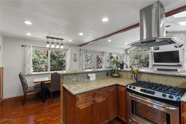 kitchen featuring plenty of natural light, island range hood, dark hardwood / wood-style floors, and stainless steel gas range