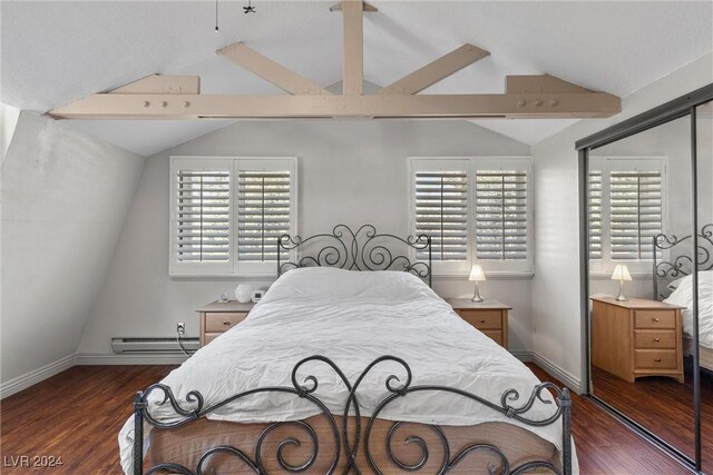 bedroom featuring vaulted ceiling with beams, dark wood-type flooring, a baseboard radiator, and a closet