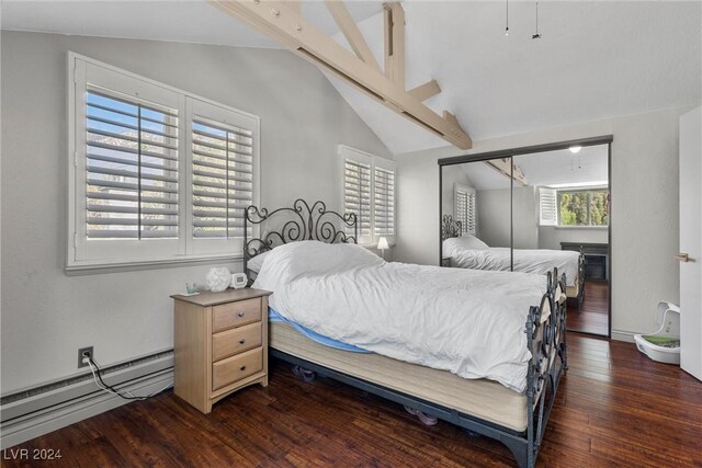 bedroom with vaulted ceiling with beams, a closet, dark hardwood / wood-style flooring, and a baseboard heating unit