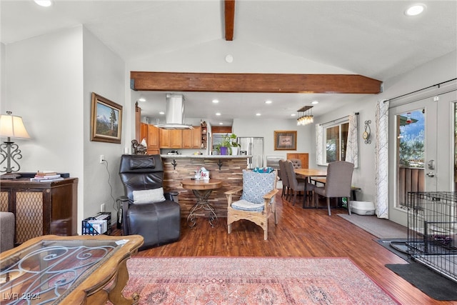 living room featuring french doors, light wood-type flooring, and lofted ceiling with beams