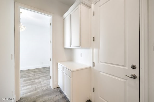 clothes washing area with light hardwood / wood-style floors