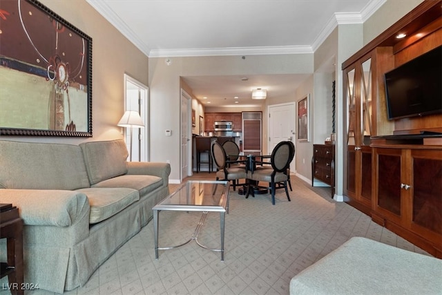 carpeted living room with ornamental molding