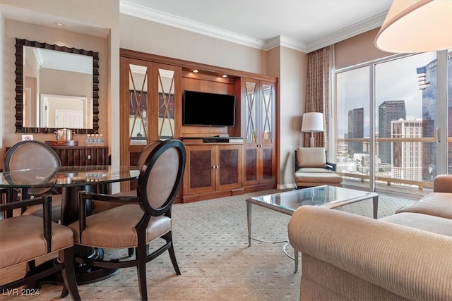 living room with ornamental molding and a healthy amount of sunlight