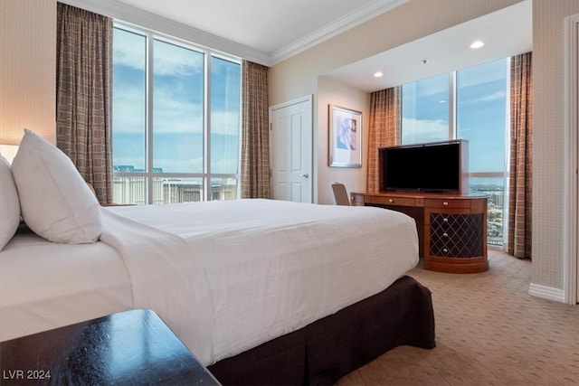 bedroom featuring multiple windows and ornamental molding