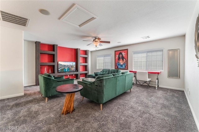 living room with dark colored carpet and ceiling fan