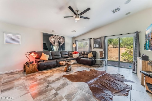 living room featuring lofted ceiling and ceiling fan