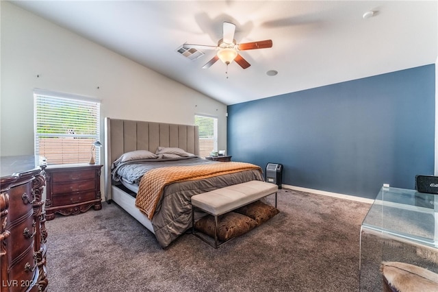 carpeted bedroom featuring multiple windows, ceiling fan, and high vaulted ceiling