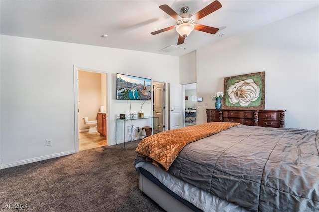 bedroom with carpet floors, connected bathroom, and ceiling fan