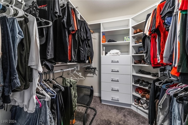 spacious closet featuring dark carpet