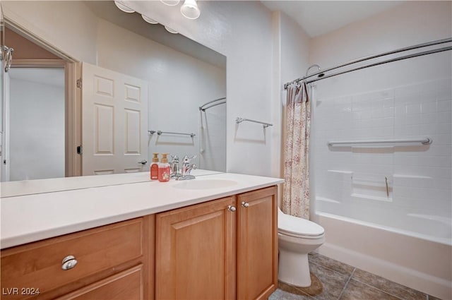 7457 Widewing Dr, North Las Vegas, NV 89084 - bathroom featuring toilet, tile patterned floors, vanity, and shower / bath combo with shower curtain