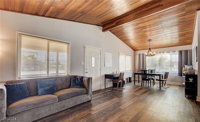 living room with vaulted ceiling with beams, dark wood-type flooring, wood ceiling, and baseboards