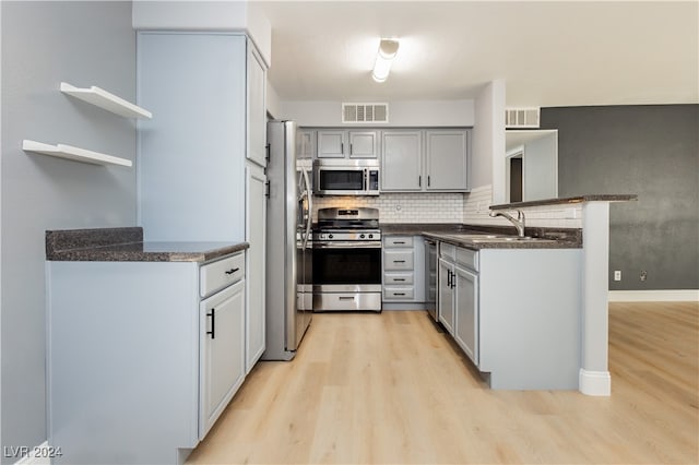 kitchen with sink, kitchen peninsula, gray cabinetry, appliances with stainless steel finishes, and light hardwood / wood-style floors