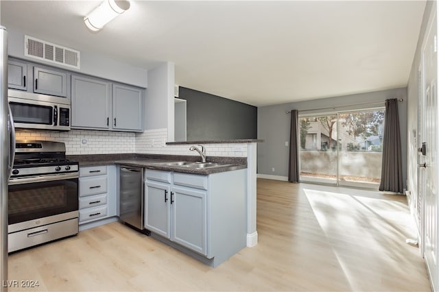 kitchen featuring light wood-type flooring, tasteful backsplash, sink, kitchen peninsula, and appliances with stainless steel finishes