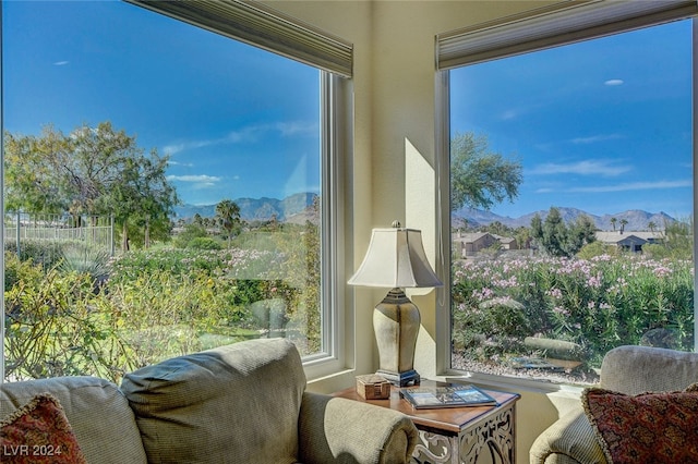 interior space with a mountain view