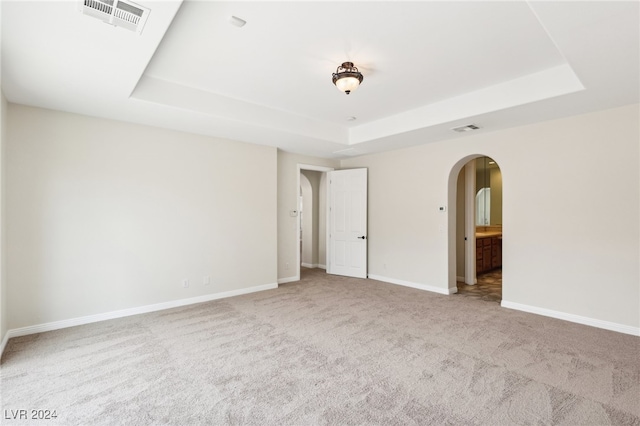 carpeted spare room featuring a raised ceiling