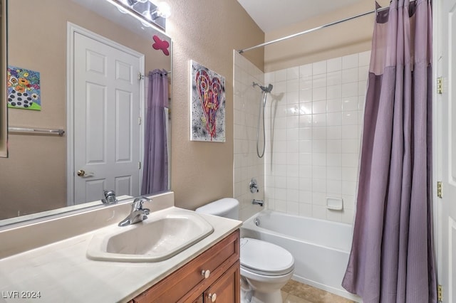 full bathroom featuring shower / bath combination with curtain, tile patterned flooring, vanity, and toilet