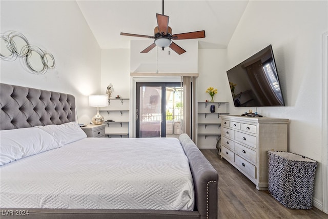 bedroom with access to exterior, ceiling fan, vaulted ceiling, and dark hardwood / wood-style floors