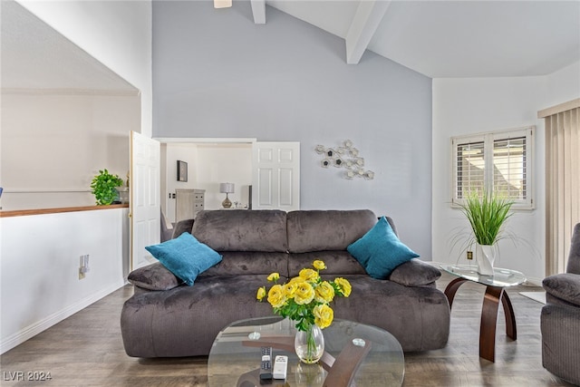 living room featuring high vaulted ceiling, beam ceiling, and hardwood / wood-style flooring