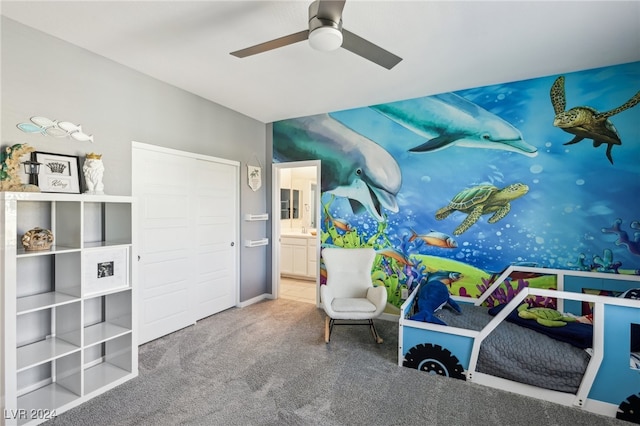 game room featuring ceiling fan and carpet