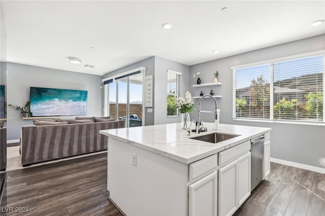 kitchen with a center island with sink, dark wood-type flooring, sink, and plenty of natural light