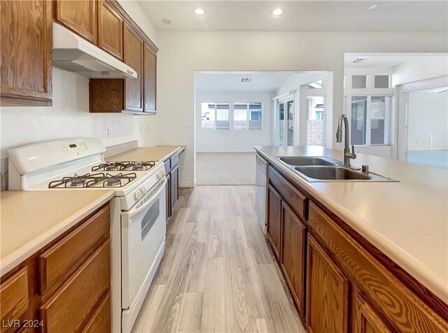 kitchen with dishwasher, light hardwood / wood-style flooring, sink, and white gas range oven